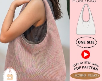 Peut inclure: Un sac hobo réversible en tissu rose texturé avec une large bandoulière. L'image contient le texte REVERABLE HOBO BAG, ONE SIZE, STEP BY STEP video PDF PATTERN, BEGINNER FRIENDLY, instant download et un logo de machine à coudre.