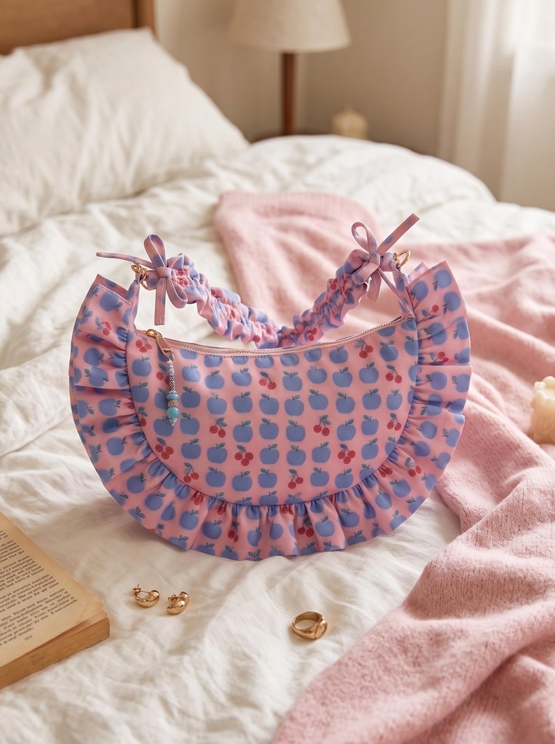 May include: A crescent-shaped handbag in light pink featuring a repeating pattern of blue apples and red cherries. The bag has a ruffled trim along the outer edge, a gathered scrunchie-style handle with tied ends, and a small beaded zipper pull.