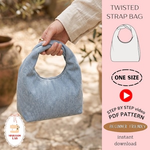 May include: A light blue denim-textured bag with a single twisted handle. The image includes text: TWISTED STRAP BAG, ONE SIZE, STEP BY STEP video PDF PATTERN, BEGINNER FRIENDLY, instant download, and a logo for MINIHANDS LAB with a sewing machine icon.