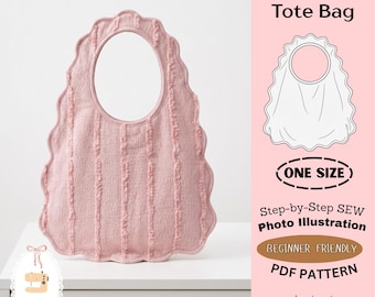 Peut inclure: Un sac fourre-tout rose poudré à bords festonnés avec des bandes de tissu effilochées verticales et une ouverture circulaire centrale. L'image contient le texte : Scalloped Tote Bag, ONE SIZE, Step-by-Step SEW Photo Illustration, BEGINNER FRIENDLY, PDF PATTERN, instant download.