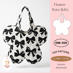 May include: A white and black flower-shaped tote bag with a quilted pattern of black bows. The bag has a single handle and is hanging against a white background. Text on the right side reads "Flower Tote BAG", "ONE SIZE", "PDF PATTERN", and "BEGINNER FRIENDLY".