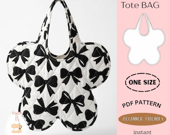 Peut inclure: Un sac fourre-tout matelassé en forme de fleur avec un motif de nœuds noirs sur fond blanc. L'image contient le texte : Flower Tote BAG, ONE SIZE, PDF PATTERN, BEGINNER FRIENDLY, instant download, et le logo MINIHANDS LAB.