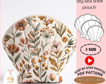Peut inclure: Une pochette en tissu en forme de coquillage avec un fond crème et un imprimé botanique de fleurs et de feuilles dans des tons marron, orange et vert. Le texte indique : diy sea shell pouch, 3 SIZE, STEP BY STEP PHOTOS PDF PATTERN.