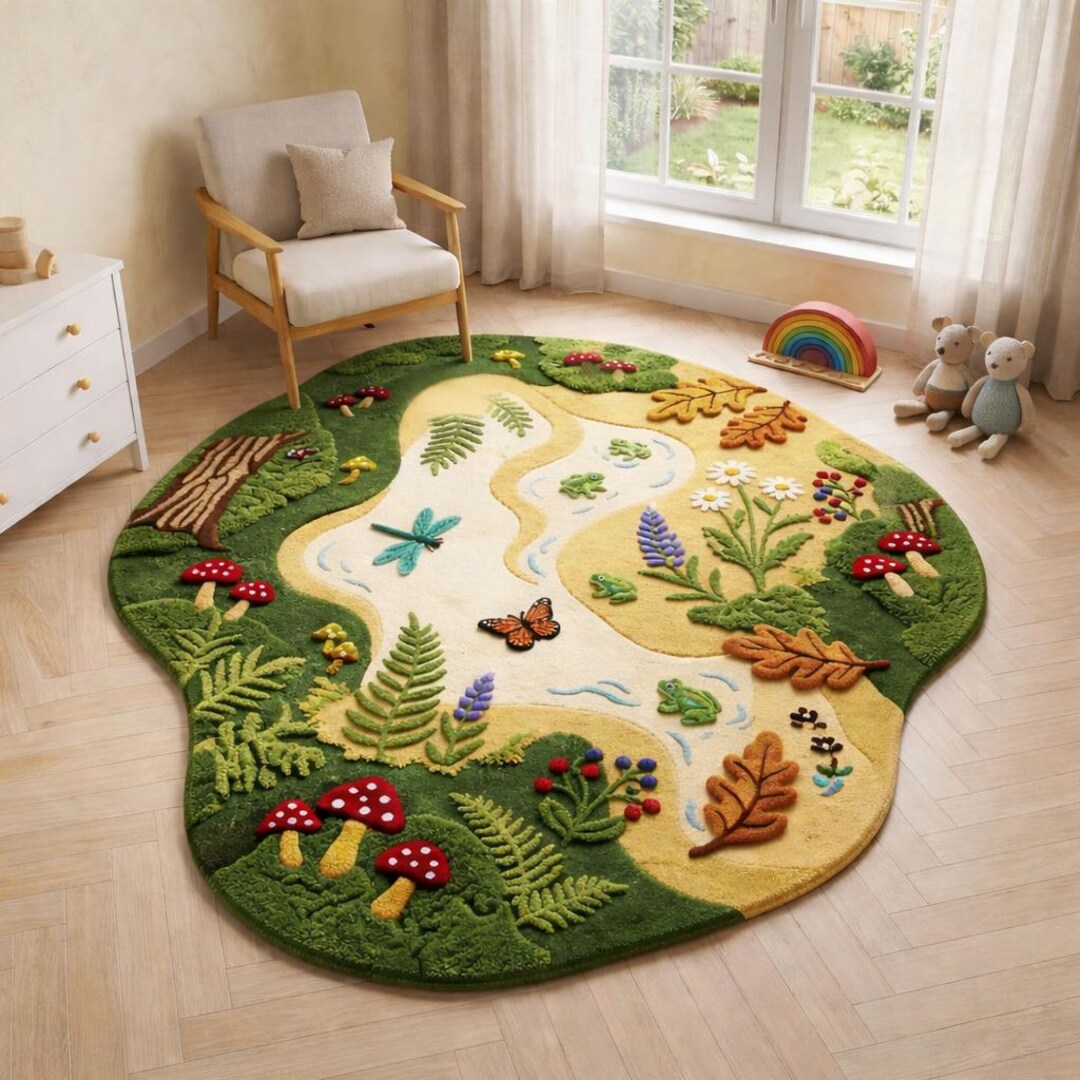 Hand Tufted Nature Kids Rug, Forest Theme Playroom Carpet, Woodland ...