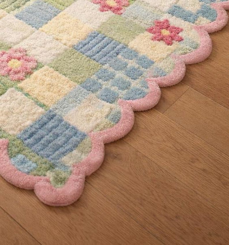 Hand Tufted Wool Scalloped Rug – Pastel Checkered Floral Area Rug – 100 ...