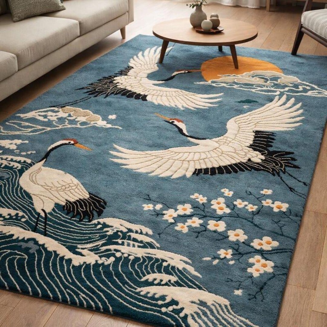 Japanese Latch Rug Hand Tufted Crane Rug, Japanese Style Area Rug, Blue Wave Ruge With ...