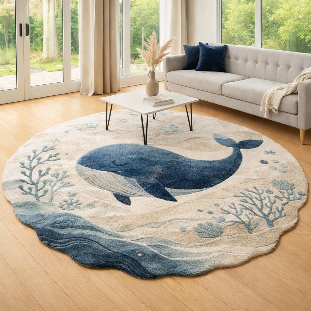 Luxury Ocean Whale Hand Tufted Rug, Round Coastal Area Rug, Kids Room ...