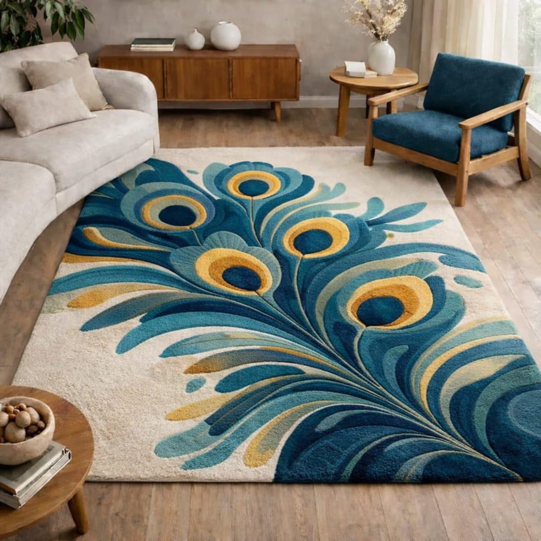 Feathered Rug Peacock Feather Hand Tufted Rug, Blue and Gold Abstract Wool Rug ...