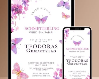 Geburtstagseinladung für Mädchen – Schmetterling Party, Editable Canva Vorlage (deutsch)