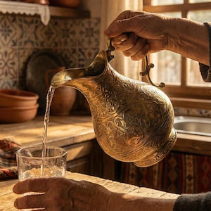 May include: A golden, ornate pitcher pouring water into a clear glass. The pitcher has intricate patterns and a curved handle. The scene is set in a rustic kitchen with copper pots and a wooden table.