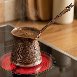 Handgemaakte koperen Turkse koffiepot (Cezve) | 200-250 ml | Elektrische kookplaatkluis | Uniek koffiecadeau