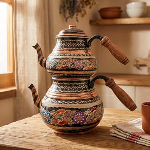 Op de afbeelding: Een decoratieve Turkse theepot in koper en zwart, versierd met bloemmotieven. De theepot heeft een ontwerp met twee niveaus met houten handvatten en een deksel. De bloemmotieven bevatten blauwe, oranje, paarse en witte bloemen. (ongeveer 30 cm hoog)