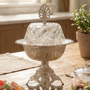 May include: A decorative silver-coloured serving dish with a clear, diamond-patterned glass lid. The dish has an ornate base and a leaf-shaped handle. The dish sits on a wooden table, with a bowl of colourful sweets in the foreground.
