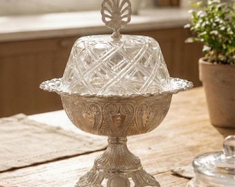 Silver Turkish Sugar Bowl | Delight Server | Zamak Brass Candy Dish with Patterned Glass Lid