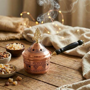 May include: A copper incense burner with a decorative gold-colored top and a black handle. The burner is emitting smoke, and is surrounded by small bowls of incense on a wooden surface. The design includes intricate patterns.