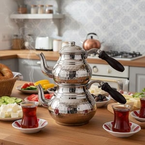 May include: A stainless steel Turkish tea set with a hammered finish, steaming, sits on a wooden table. The table is set with plates of tomatoes, cucumbers, cheese, olives, and tea in small glasses. A basket of bagels is also present.