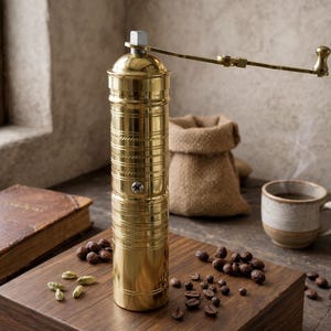 May include: A gold-colored manual coffee grinder with a long handle, standing on a wooden surface. Coffee beans and a cup of coffee are nearby. A small burlap sack is in the background. The grinder is approximately 8 inches tall.