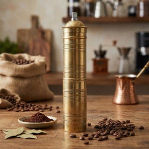 May include: A brass coffee grinder with a cylindrical design, featuring decorative horizontal bands. The image also shows coffee beans, ground coffee in a small dish, a burlap sack of beans, and a copper coffee pot. The grinder is approximately 7 inches tall.