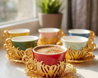 Regnbågsfärgad turkisk kaffeservis – Espressokoppar i guldfärgad mässing, färgglatt porslin