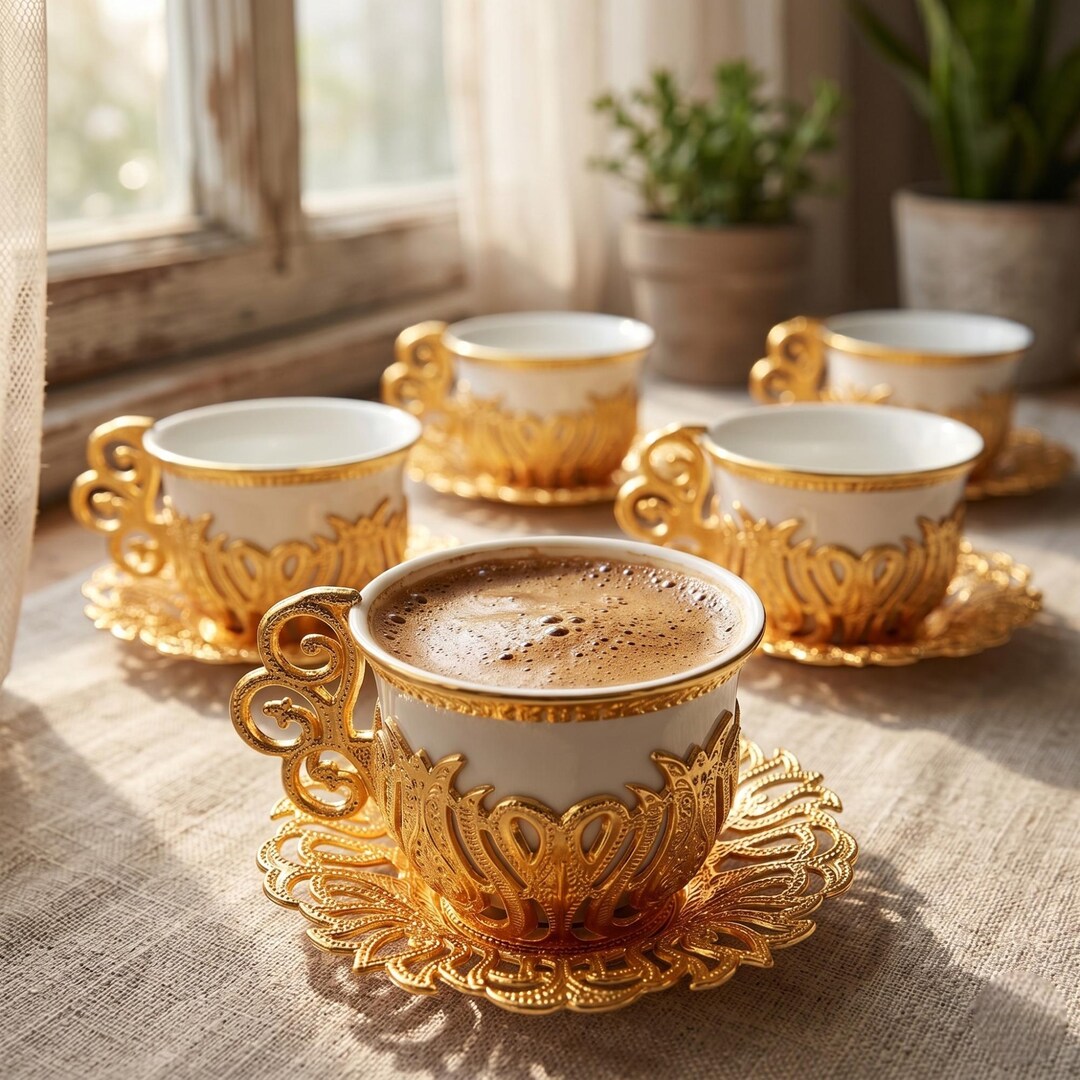 Gold Turkish Coffee Set – 6 Engraved Ottoman Espresso Cups - Etsy