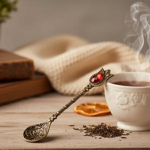 Pode incluir: Uma chávena de chá fumegante ao lado de uma colher decorativa com uma gema vermelha. Uma pilha de livros antigos e uma fatia de laranja seca também são visíveis. A colher e a chávena estão numa mesa de madeira.