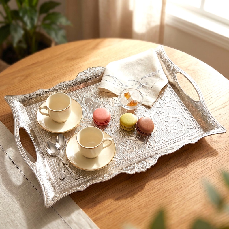 Pode incluir: Uma bandeja de servir prateada com detalhes florais ornamentados cont&eacute;m duas ch&aacute;venas pequenas com pires, duas colheres, um guardanapo dobrado, uma pequena tigela com cubos de a&ccedil;&uacute;car e tr&ecirc;s macarons coloridos. A bandeja tem al&ccedil;as e est&aacute; sobre uma mesa de madeira.
