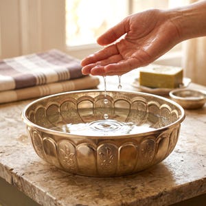 May include: A silver-colored, ornate bowl filled with water. Water droplets fall from a hand above the bowl, creating ripples. A bar of soap and folded towels are in the background. The bowl has a decorative floral pattern around the rim.