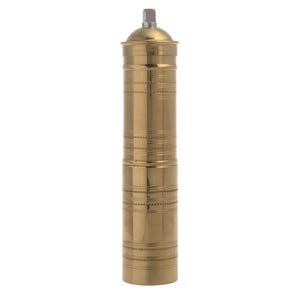 May include: A tall, brass-colored pepper mill with a cylindrical body. The mill features horizontal etched bands and a textured top and bottom. The top has a small, square-shaped metal piece. The pepper mill is designed for grinding spices.