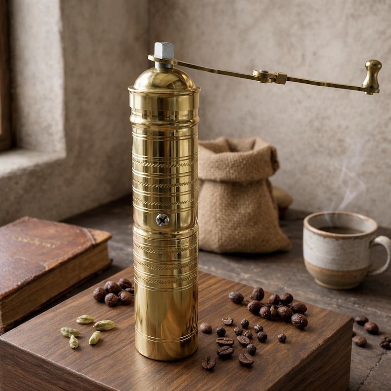 May include: A gold-colored manual coffee grinder with a long handle, standing on a wooden surface. Coffee beans and a cup of coffee are nearby. A small burlap sack is in the background. The grinder is approximately 8 inches tall.