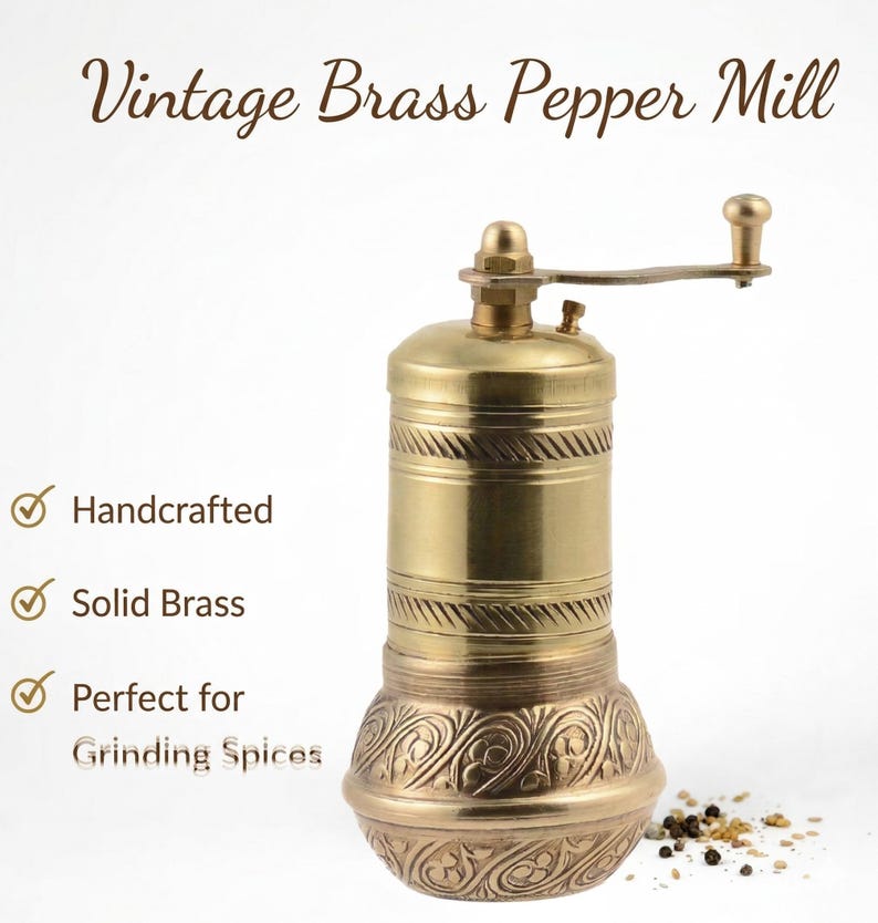 Handcrafted Solid Brass Spice Mill Adjustable Traditional Pepper Salt Grinder image 4