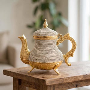 May include: An ornate gold teapot with a lid and handle, covered in small, sparkling crystals. The teapot has a decorative spout and a base with three small feet. The teapot is sitting on a wooden table.