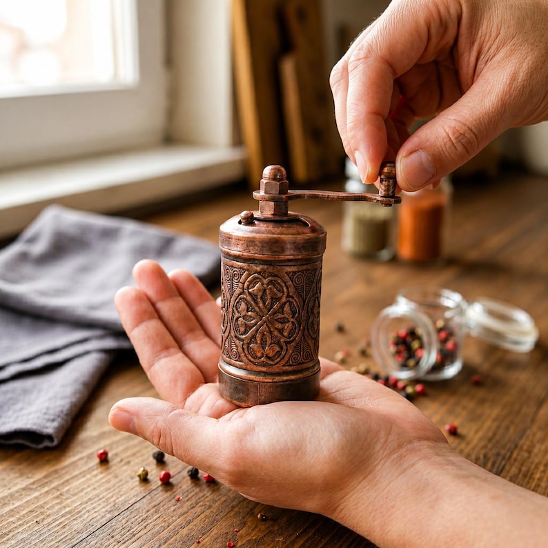 Puede incluir: Un molinillo de especias cil&iacute;ndrico de tono cobre con un intrincado patr&oacute;n floral en relieve en su exterior. El molino manual incluye una manivela giratoria montada en la parte superior y un peque&ntilde;o pomo, dise&ntilde;ado para moler pimienta.
