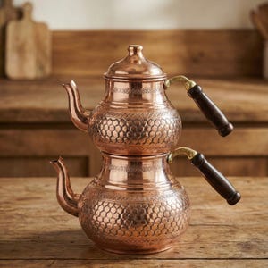 Handmade Pure Copper Turkish Teapot Set, Traditional Tea Kettle