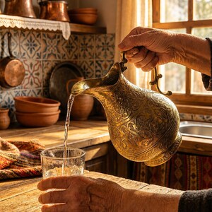 Op de afbeelding: Een goudkleurige metalen kan met gedetailleerde reliëfpatronen schenkt helder water in een transparant glas. De kan is voorzien van een gebogen handvat en een brede tuit, en reflecteert warm licht in een keuken met houten oppervlakken.