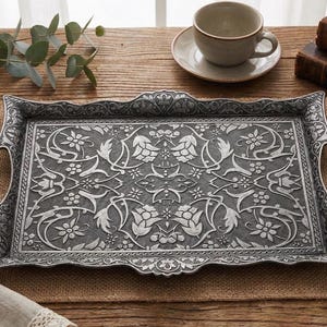 Pode incluir: Uma bandeja retangular de metal prateado com intrincados padr&otilde;es florais e de folhas. A bandeja tem duas al&ccedil;as e uma borda decorativa. A bandeja est&aacute; sobre uma superf&iacute;cie de madeira, com uma ch&aacute;vena e pires, livros e flores por perto.