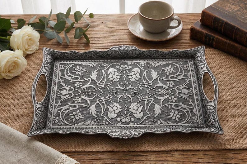 Pode incluir: Uma bandeja retangular de metal prateado com intrincados padr&otilde;es florais e de folhas. A bandeja tem duas al&ccedil;as e uma borda decorativa. A bandeja est&aacute; sobre uma superf&iacute;cie de madeira, com uma ch&aacute;vena e pires, livros e flores por perto.