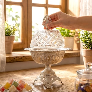 May include: An antique-style butter dish in silver with a clear, patterned glass lid. The dish has an ornate pedestal base. A hand is lifting the lid. The background features a wooden surface and a window.