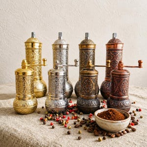 May include: A collection of ornate metal coffee grinders in gold, silver, and copper tones. Each grinder features a decorative floral pattern and a hand crank. A small bowl of ground coffee and scattered peppercorns and coffee beans are also present.
