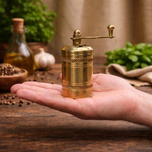 May include: A brass pepper grinder with a hand crank. The grinder has a cylindrical body with decorative rope-like detailing. The handle is attached to the top. The grinder is held in a person's hand. Other kitchen items are in the background.