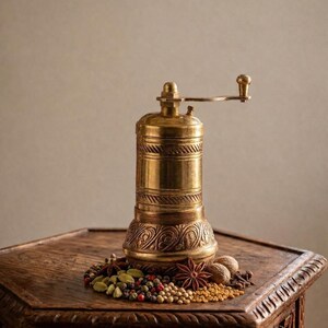 May include: A vintage brass pepper mill with a hand crank, standing on a carved wooden surface. The mill is surrounded by a variety of whole spices, including peppercorns, star anise, and cardamom. The warm tones of the brass and wood create a rustic aesthetic.