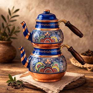 Puede incluir: Una tetera turca de dos niveles, de cobre y azul, con diseños florales. La tetera tiene una tapa y un asa azules, con detalles de cobre y un asa de madera. La tetera está sobre una superficie de madera.