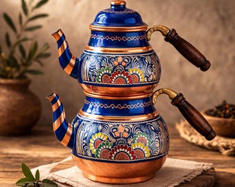 Handcrafted Cobalt Blue Floral Copper Tea Set Vintage Turkish Double Boiler Kettle For Stovetop