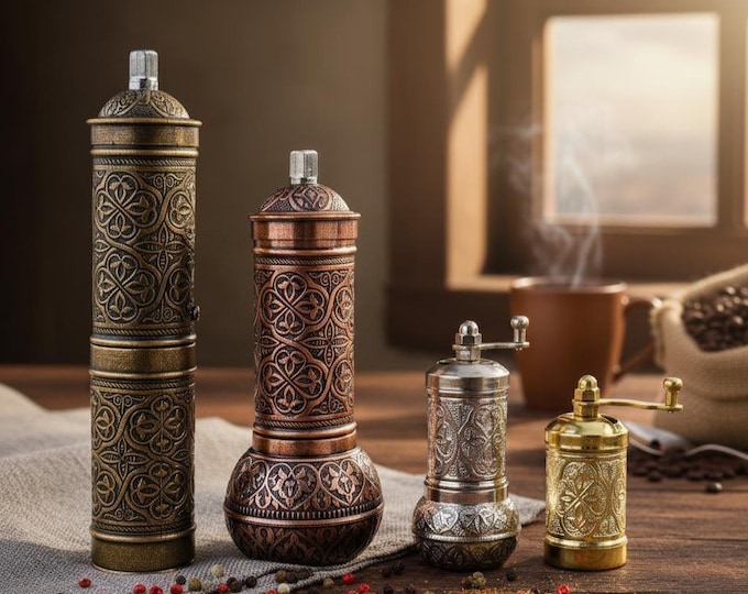 Handmade Turkish Coffee Grinder with Brass Handle - Kitchen Decor