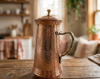 Handcrafted Copper Pitcher Hammered Tinned Interior Large Traditional Water Jug