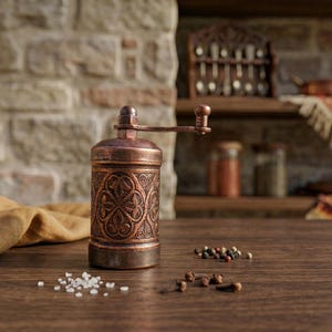Puede incluir: Un molinillo de especias de metal en tono cobre con un intrincado patr&oacute;n floral en relieve en el cuerpo cil&iacute;ndrico y una manivela manual en la parte superior. El molinillo est&aacute; junto a peque&ntilde;os montones de sal blanca y granos de pimienta.