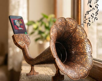 Altavoz de teléfono otomano de latón hecho a mano / Gramófono vintage para decoración de escritorio
