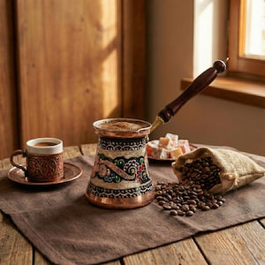 Peut inclure: Une cafetière en cuivre avec une poignée en bois, une petite tasse et une soucoupe, et un sac de jute de grains de café sont disposés sur une table en bois. La cafetière a un design orné avec des accents colorés. Des loukoums sont également présents.
