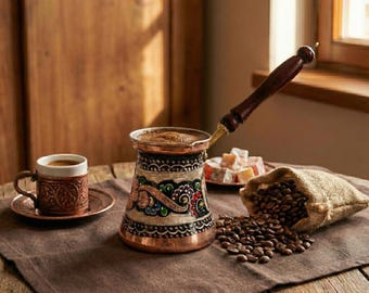 Handmade Copper Turkish Coffee Pot Wooden Handle Cezve Ibrik Greek Arabic Stovetop Maker