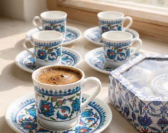 Juego de 6 tazas de café turco de porcelana estilo otomano con diseño de Iznik, hechas a mano