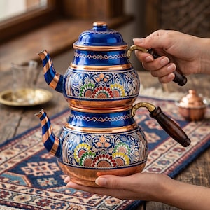 May include: A double-stacked tea kettle made of copper with a vibrant blue enamel finish. The exterior features intricate hand-painted floral patterns in red, green, and white. It includes two spouts, two dark wooden handles, and a matching lid.